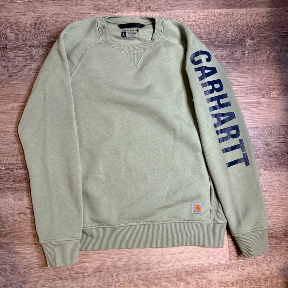 Carhartt Relaxed Fit Crewneck Sweatshirt Sage Green Logo Sleeve Youth Medium